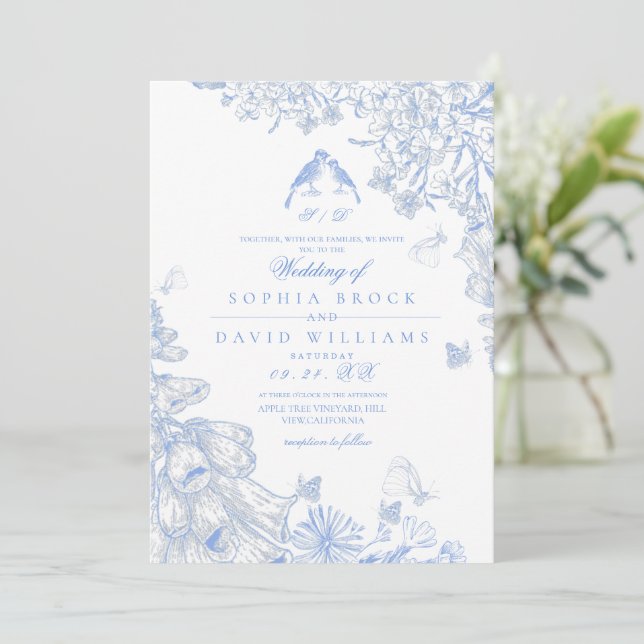 Blue White Toile French Floral Wedding  Einladung (Stehend Vorderseite)