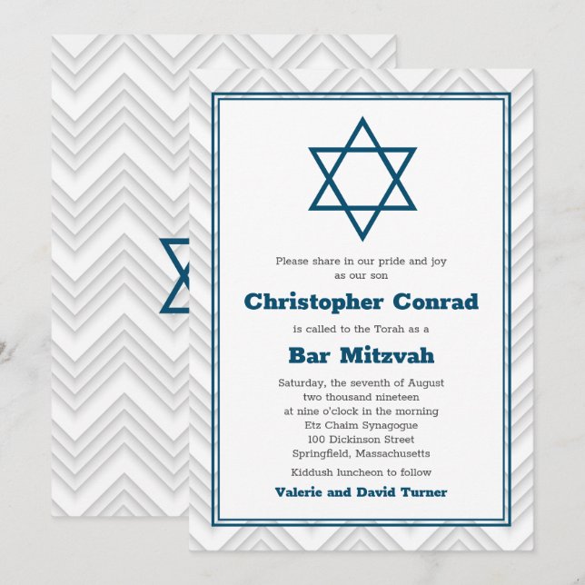 Blue White Traditional Bar Mitzvah Einladung (Vorne/Hinten)