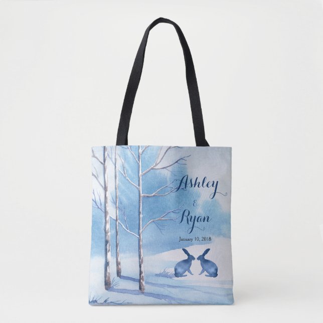 Blue White Trees Rabbits Winter Wedding Bag Tasche (Vorderseite)