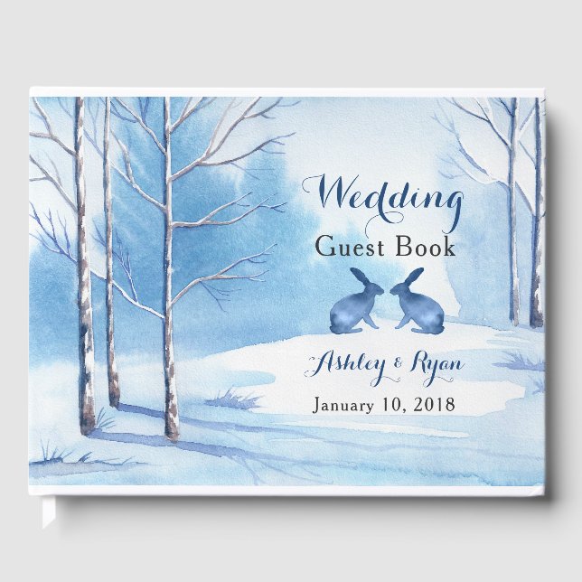 Blue White Trees Rabbits Winter Wedding Gästebuch (Vorderseite)