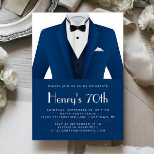 Blue White Tuxedo Mens 70. Geburtstagsparty Einladung
