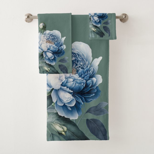 Blue & White Vintag Peak on Sage Handtuch Set (Insitu)