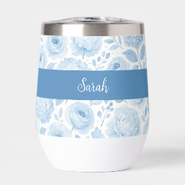 Blue White Watercolor Floral Monogram Name