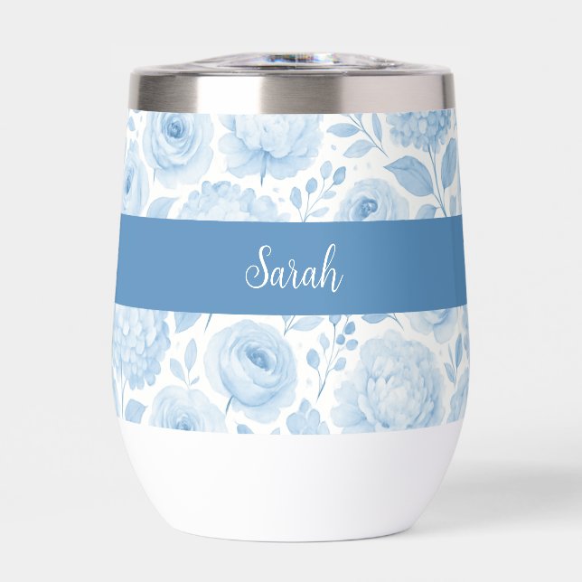 Blue White Watercolor Floral Monogram Name (Vorderseite)