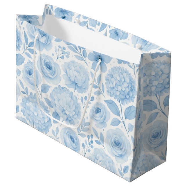 Blue White Watercolor Floral Pattern Große Geschenktüte (Vorderseite Schrägansicht)