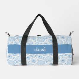 Blue White Watercolor Floral Pattern Monogram Name Duffle Bag
