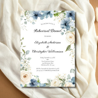Blue White Watercolor Florals Rehearsal Dinner Einladung