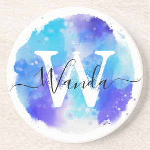 Blue White Watercolor Monogram Script Getränkeuntersetzer