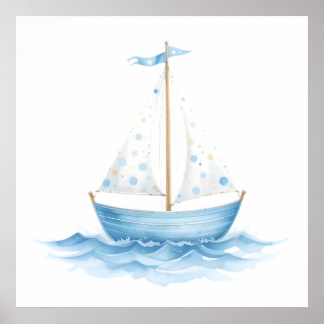 Blue & White Watercolor Sailboat - Nautical Baby R Poster (Vorne)