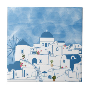 Blue & White Watercolor Santorini Griechenland Fliese