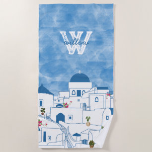 Blue & White Watercolor Santorini Griechenland Mon Strandtuch