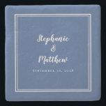 Blue White Wedding Bride & Groom Elegant Einfach Steinuntersetzer<br><div class="desc">Der schlichte, minimalistische und schicke Untersetzer aus Stein zeichnet sich durch ein modernes Design aus, das mit einem gerahmten Doppelrahmen in knalligem Weiß auf einem klassisch-blauen Hintergrund besticht. Dieses moderne, einfache Design bietet zeitlose, klassische Eleganz. Personalisieren Sie die Namen der Paare und das Veranstaltungsdatum in eleganter weißer Schrift und Schrift....</div>