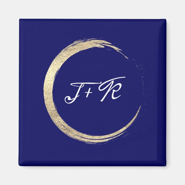 Blue White Wedding Monogram Gold Save the Date Magnet (Vorne)