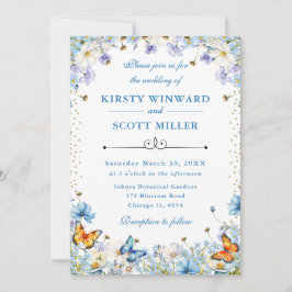 Blue White Wildblumen & Butterflies Hochzeit Einladung