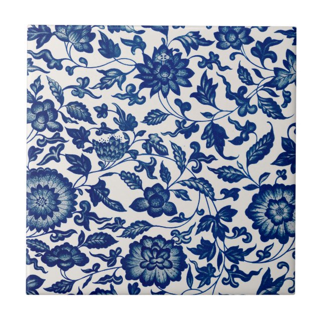 Blue White Wildflower French Country Chinoiserie  Fliese (Vorderseite)