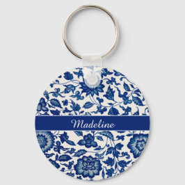 Blue White Wildflower French Country Chinoiserie Schlüsselanhänger