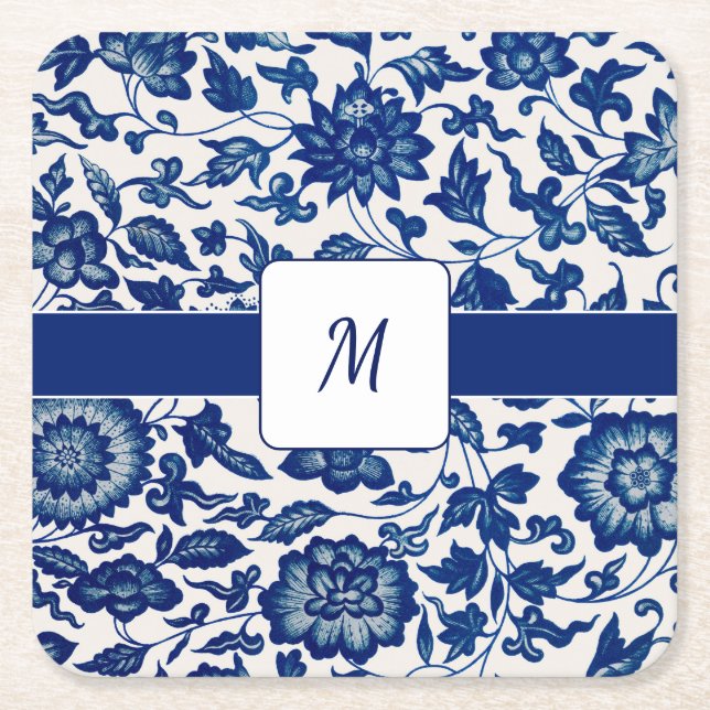 Blue White Wildflower French Country Custom Name Rechteckiger Pappuntersetzer (Vorderseite)