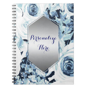 Blue White Winter Floral Rose Vintages Shabby Chic Notizblock