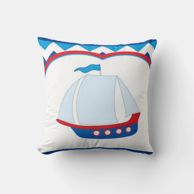 Blue White Zickzack Background Blue Red Sail Ship Kissen (Vorderseite)