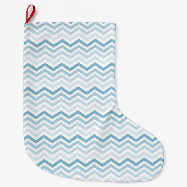 Blue White Zickzack Ombre Großer Weihnachtsstrumpf (Vorderseite)