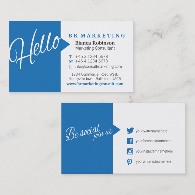Blue White Zitate Social Media Business Card Visitenkarte (Vorne/Hinten)