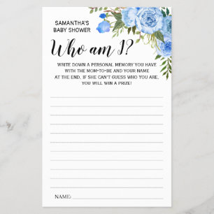 Blue Who is I Baby Dusche Bilinguale Game Card Flyer