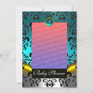 BLUE WHUE BLACK DAMASK BABY SHOWER MONOGRAM EINLADUNG