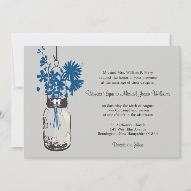 Blue Wild Blume & Mason Jar Hochzeitseinladungen Einladung (Vorderseite)
