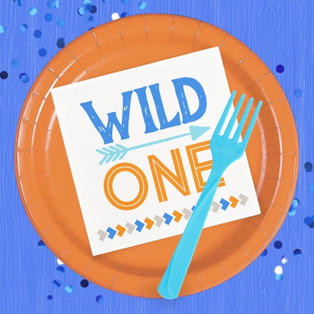 Blue Wild One First Birthday Paper Napkins Serviette (Wild One 1st Birthday Party Napkins in Royal Blue, Baby Blue and Orange)