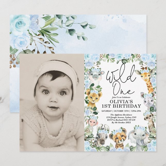 Blue Wild One Jungle Safari Girl Birthday Foto Einladung (Vorne/Hinten)