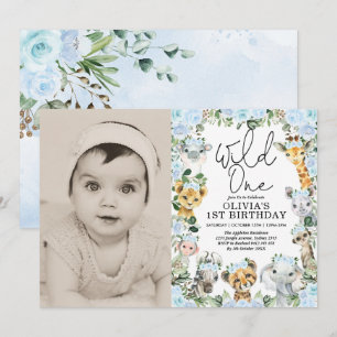 Blue Wild One Jungle Safari Girl Birthday Foto Einladung