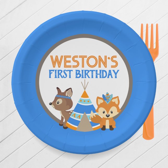 Blue Wild One Woodland Birthday Party Teller (Blue One Happy Camper or Wild One First Birthday Party Plates. Featuring a Fox, Deer, and Teepee)