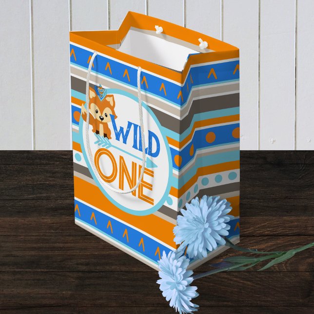 Blue Wild One Woodland Fox 1er Anniversaire Sac ca (Wild One Forest Fox 1st Birthday Medium Gift Bag )