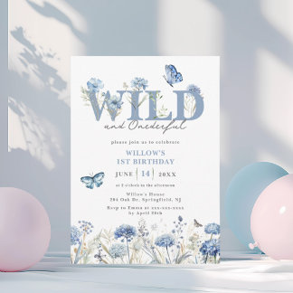 Blue Wild & Onederful Wildblume 1. Geburtstag Einladung
