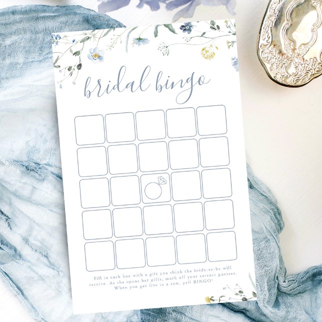 Blue Wildblume Boho Brautparty Bingospiel (Blue Wildflower Boho bridal shower bingo game)
