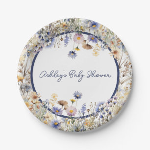 Blue Wildblume Boho Personalisiert Baby Dusche Pappteller