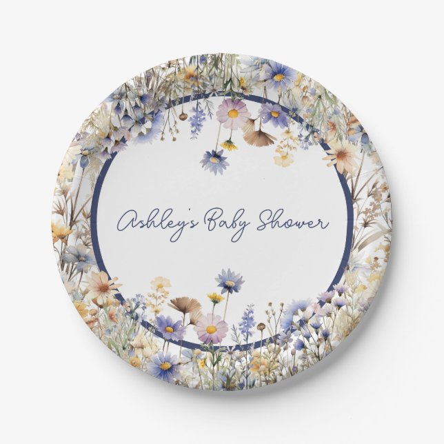 Blue Wildblume Boho Personalisiert Baby Dusche Pappteller (Vorderseite)