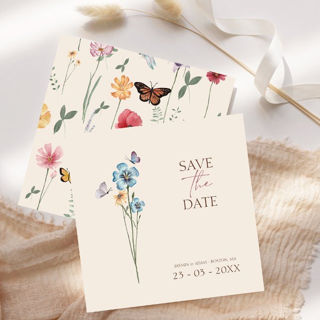 Blue Wildblume Butterfells Blumenhochzeit Save The Date (Simple Blue Wildflower Butterflies Floral Wedding Save The Date)