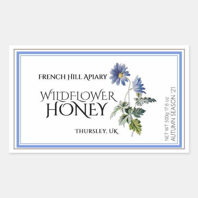 Blue Wildblume Honey Label (Datum geerntet) Aster Rechteckiger Aufkleber (Vorderseite)