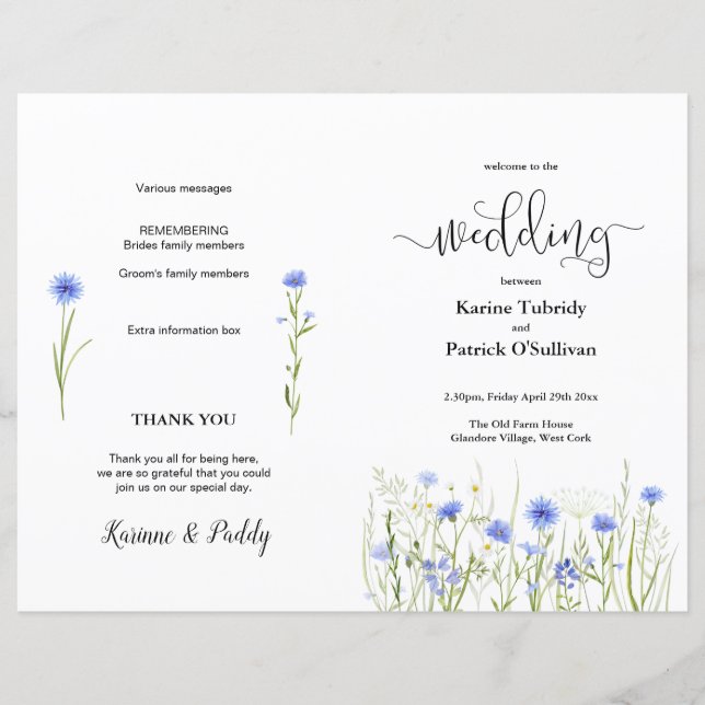 Blue Wildblume Meadow Wedding Program (Vorderseite)