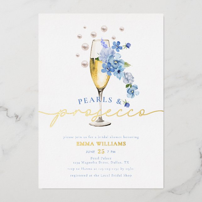 Blue Wildblume Pearls & Prosecco Brautparty Folieneinladung (Vorderseite)