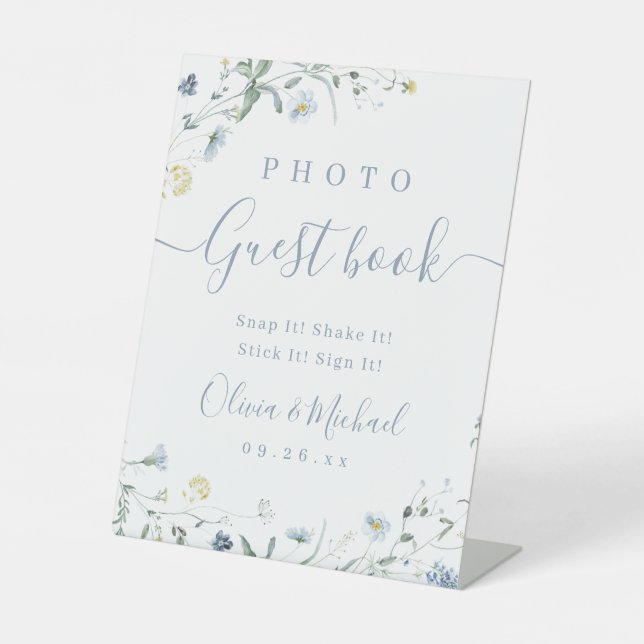 Blue Wildblume rustikales Wedding Foto Gästebuch Sockelschild (Vorderseite)