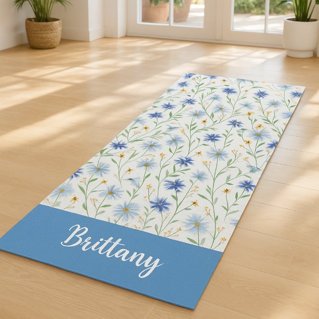 Blue Wildblume Watercolor Individuelle Name Yogamatte (Von Creator hochgeladen)