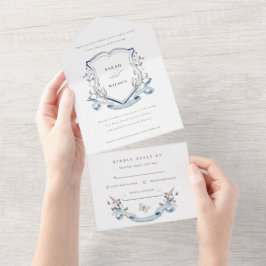Blue Wildblume Watercolor Monogram Wappen Wedding All In One Einladung