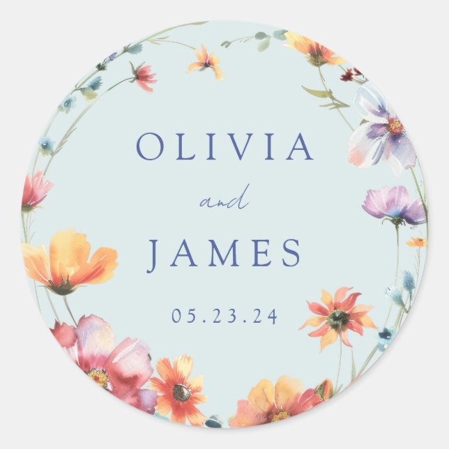 Blue Wildblume Wreath Summer Wedding Runder Aufkleber (Vorderseite)