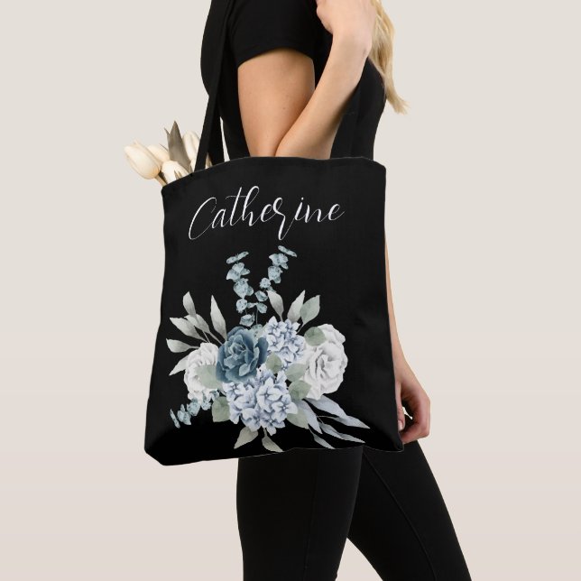 Blue Wildblumen Boho Script Personalisiert Name Tasche (Von Nahem)
