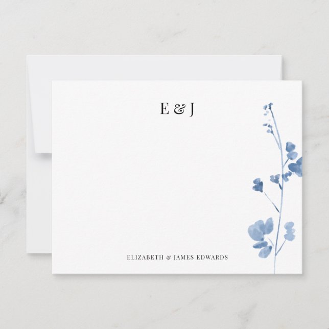 Blue Wildblumen Classic Elegante Couple Initials Mitteilungskarte (Vorderseite)