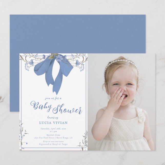 Blue Wildblumen Coquette Bow Foto Babydusche Einladung (Vorne/Hinten)