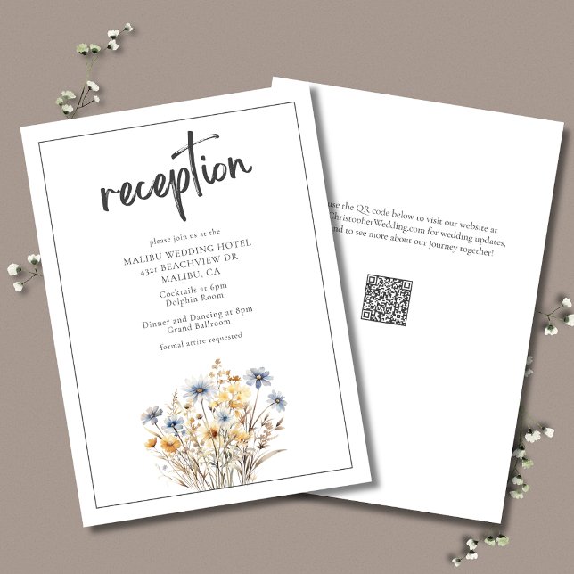 Blue Wildblumen Formal Eleganter Hochzeitsslipp Em Begleitkarte (Blue Wildflowers Wedding Reception Enclosure Card with watercolor flowers and QR code.)