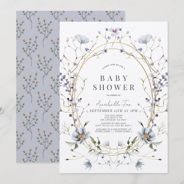 Blue Wildblumen Lavender Watercolor Babydusche Einladung (Vorne/Hinten)